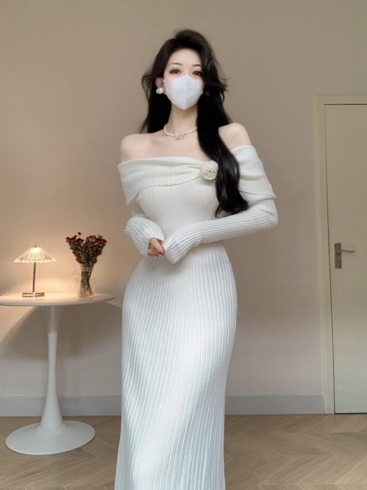 Женское трикотажное платье с открытыми плечами винтажное Элегантное Длинное