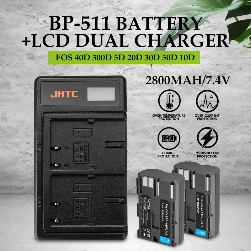 

2Pcs 2800mAh BP-511 BP511 BP511A Battery + LCD USB Dual Charger For Canon EOS 40D 300D 5D 20D 30D 50D 10D G6 L10K Fast Shipping