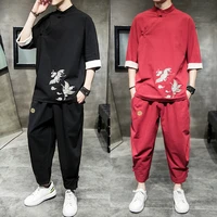 chinese style2022summer new mens buckle crane embroidered cotton and linen stand collartt shirtcropped pants short sleeve suit