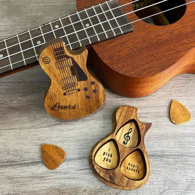 

3 Pcs/set Handmade Wooden Guitar Pick Box And Picks Paddles For Guitarist Music Lovers Gifts Guitar & Ukulele & Bass Accessories