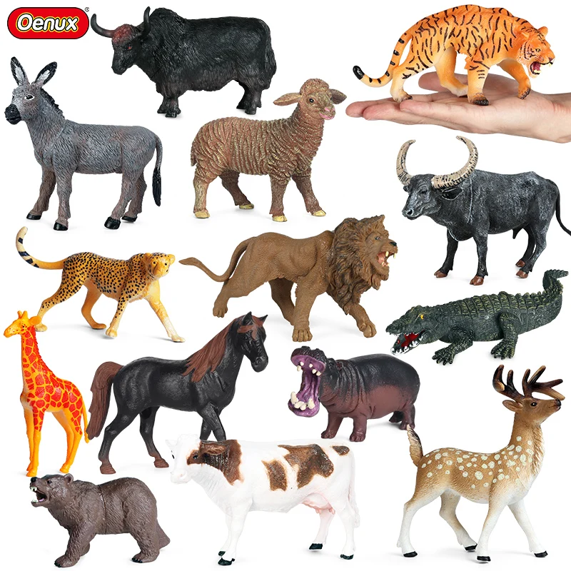 Oenux Simulation Wild Animal Lion Tiger Elephant Horse Yak Model Action Figures Farm Cow Goat PVC Educational Cute Toy For Kids