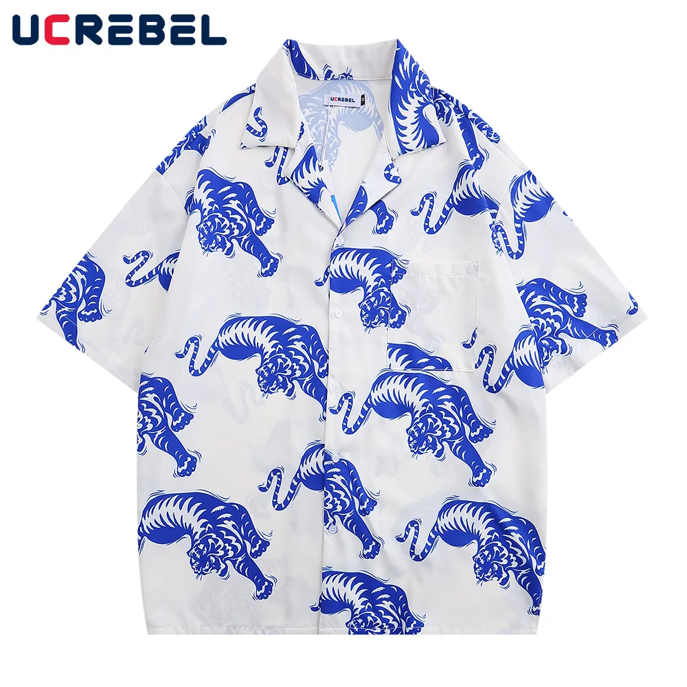 

Animal Print Short Sleeve Shirt Mens Summer Lapel Shirts Beach Wind Quick-drying Shirt Casual Half-Sleeve Top Men