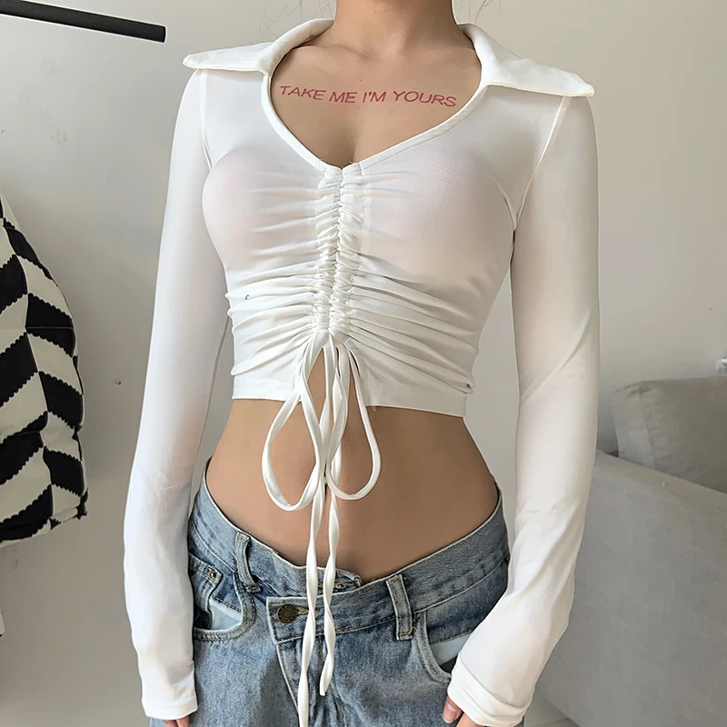 

Vintage Ruched Bandage White T Shirt Women Long Sleeve Retro V Neck Crop Top Tee Shirt Harajuku Spring Slim Casual 90S