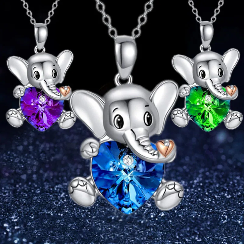 

Hot Sale New 2022 Cute Fashion Animal Elephant Hug Heart Colorful Multicolor Crystal Inlaid Zircon Necklace Pendant