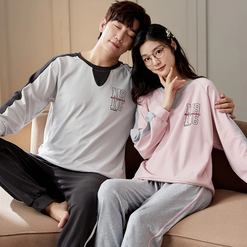 New spring and autumn couple pajamas women's long-sleeved men's loose cotton homewear suit oversized