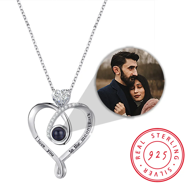 925 Sterling Silver Necklace Love Pendant Personalized Custom Photo Projection Heart Zircon Necklaces Mother's Day Gift for Bff