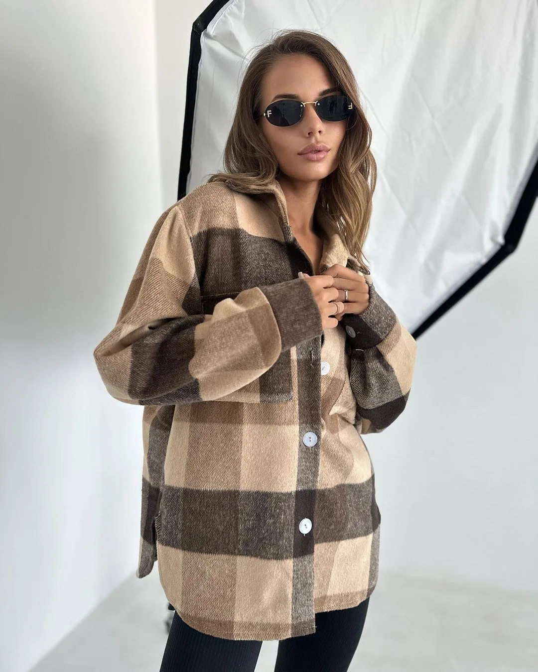 Женская Фланелевая Теплая Рубашка С Манжетами В Клетку Длинными Рукавами На