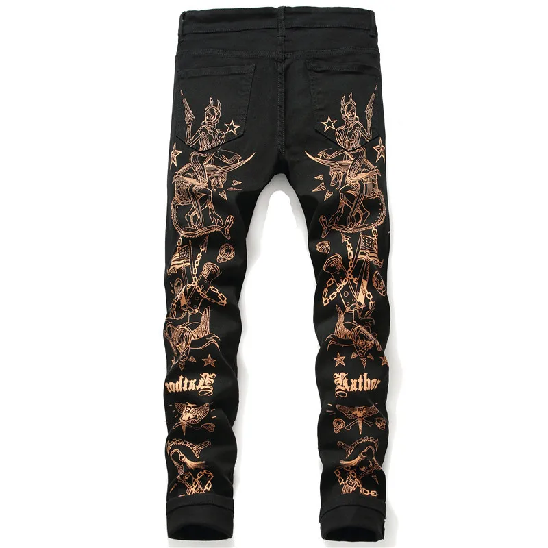 Men's Slim 3D Print Jeans Fashion Sexy Beauty Flag Skull Painted Black Stretch Denim Pants for Men