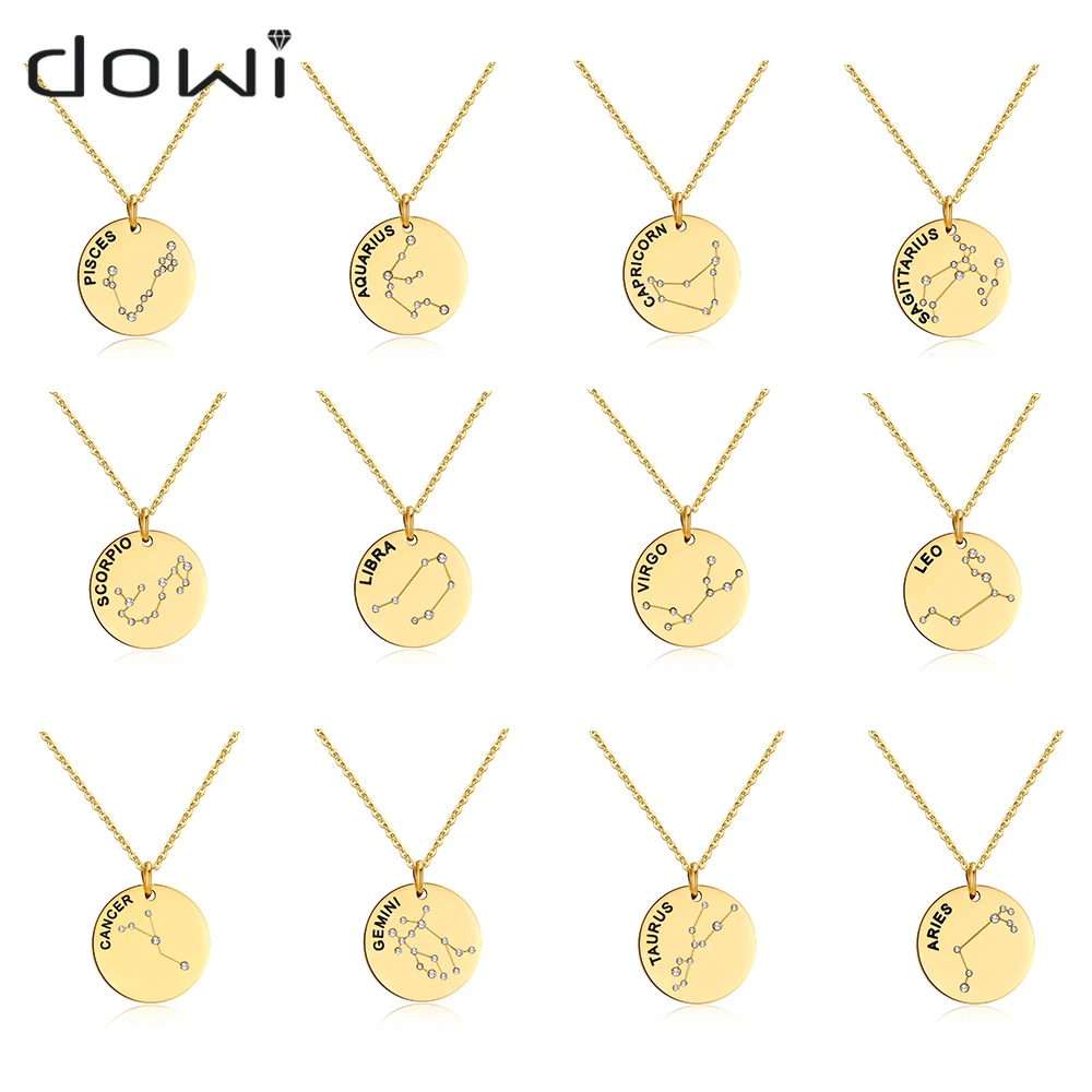 

Dowi Stainless Steel Gold Color Constellation Pendant Necklace for Women Round CZ Chokers Necklace Fashion Birthday Jewelry Gift