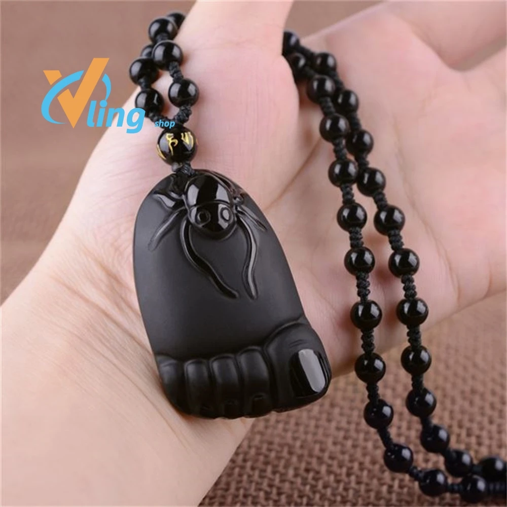 

Natural Black Obsidian Foot Jade Pendant Necklace Chinese Carved Fashion Charm Jewellery Accessories Amulet for Men Women Gifts