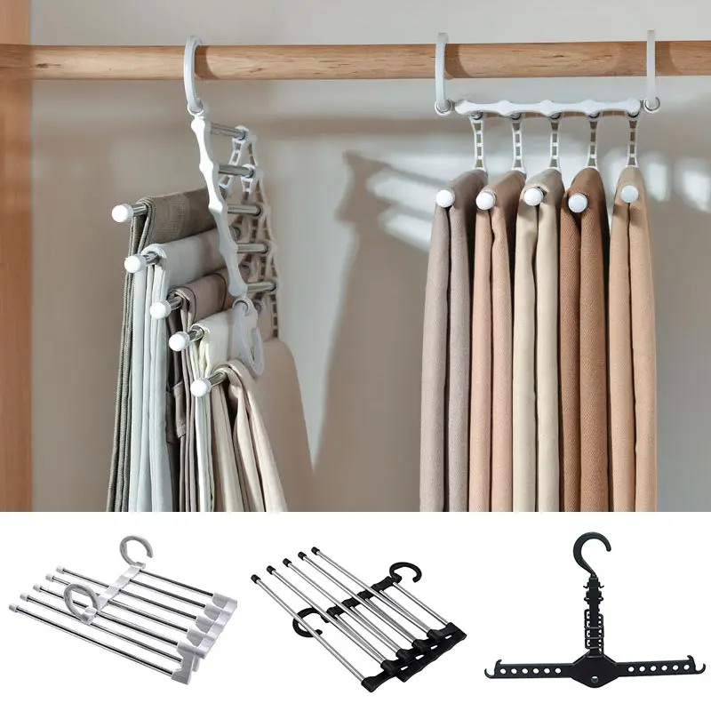 Magic Trouser Rack 5 in 1 Multifunction Pant Hangers Wardrobe Adjustable Stainless Steel Towel Shelves Folding Clothes Hang