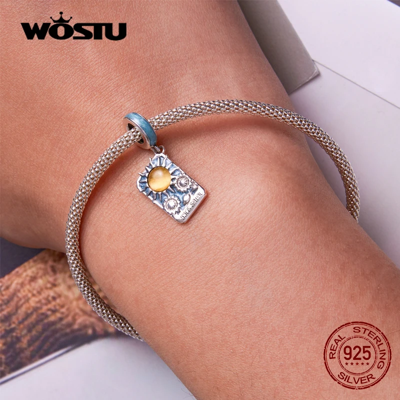 WOSTU 925 Sterling Silver Pink Heart Blue Tarot Cards Lovers Charm Pendents Fit Original DIY Bracelet Necklace Birthday Jewelry