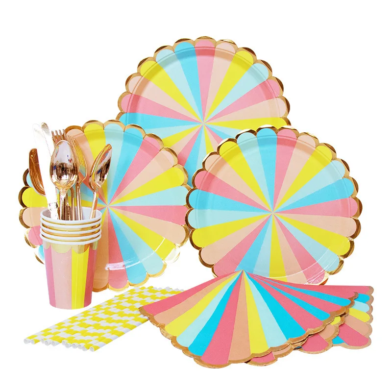 

Children Cartoon Theme Birthday Party Colorful Stripes Candy Color Holiday Decorative Paper Plates Paper Cups Napkins Tableware