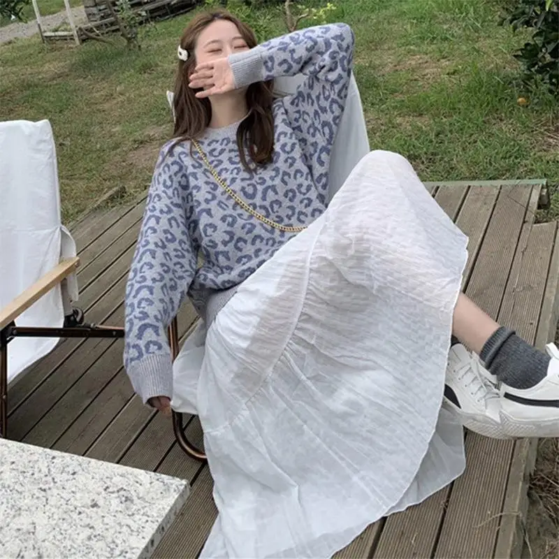 Женские пуловеры с леопардовым принтом в стиле преппи винтажном Харадзюку