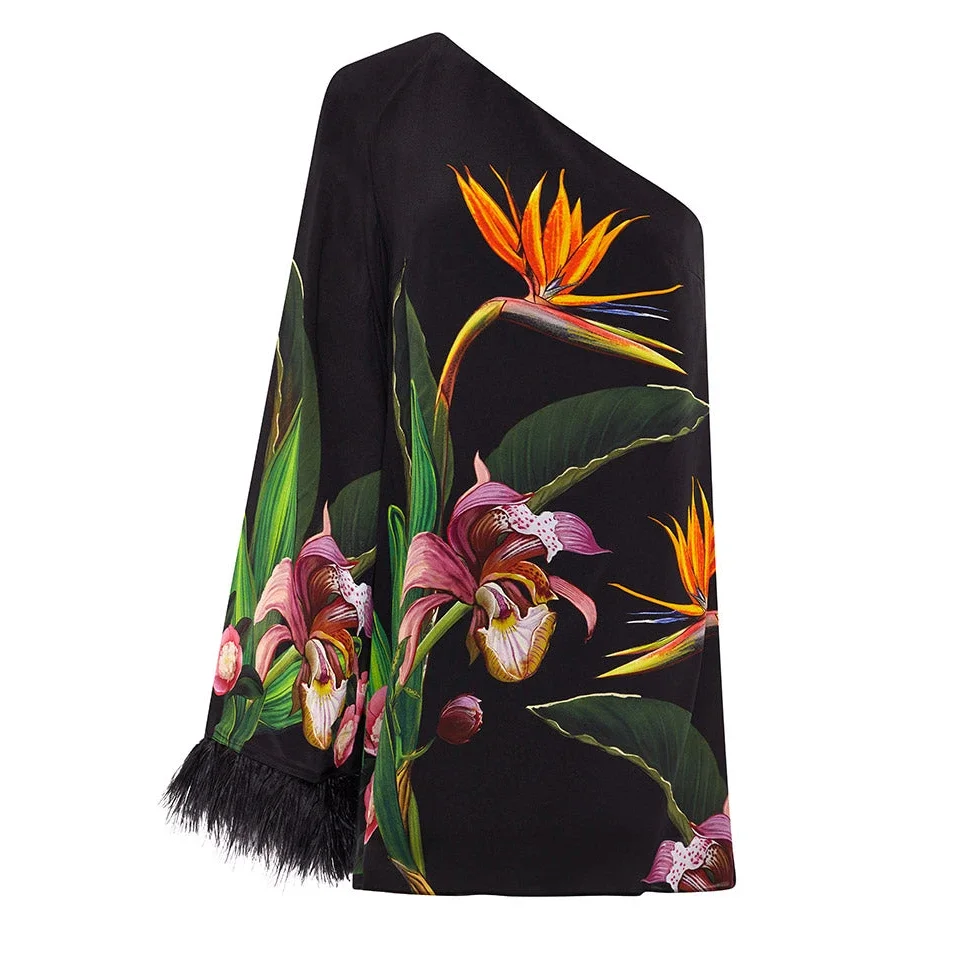 Платье FLAXMAKER на одно плечо с цветочным принтом и рукавами перьями