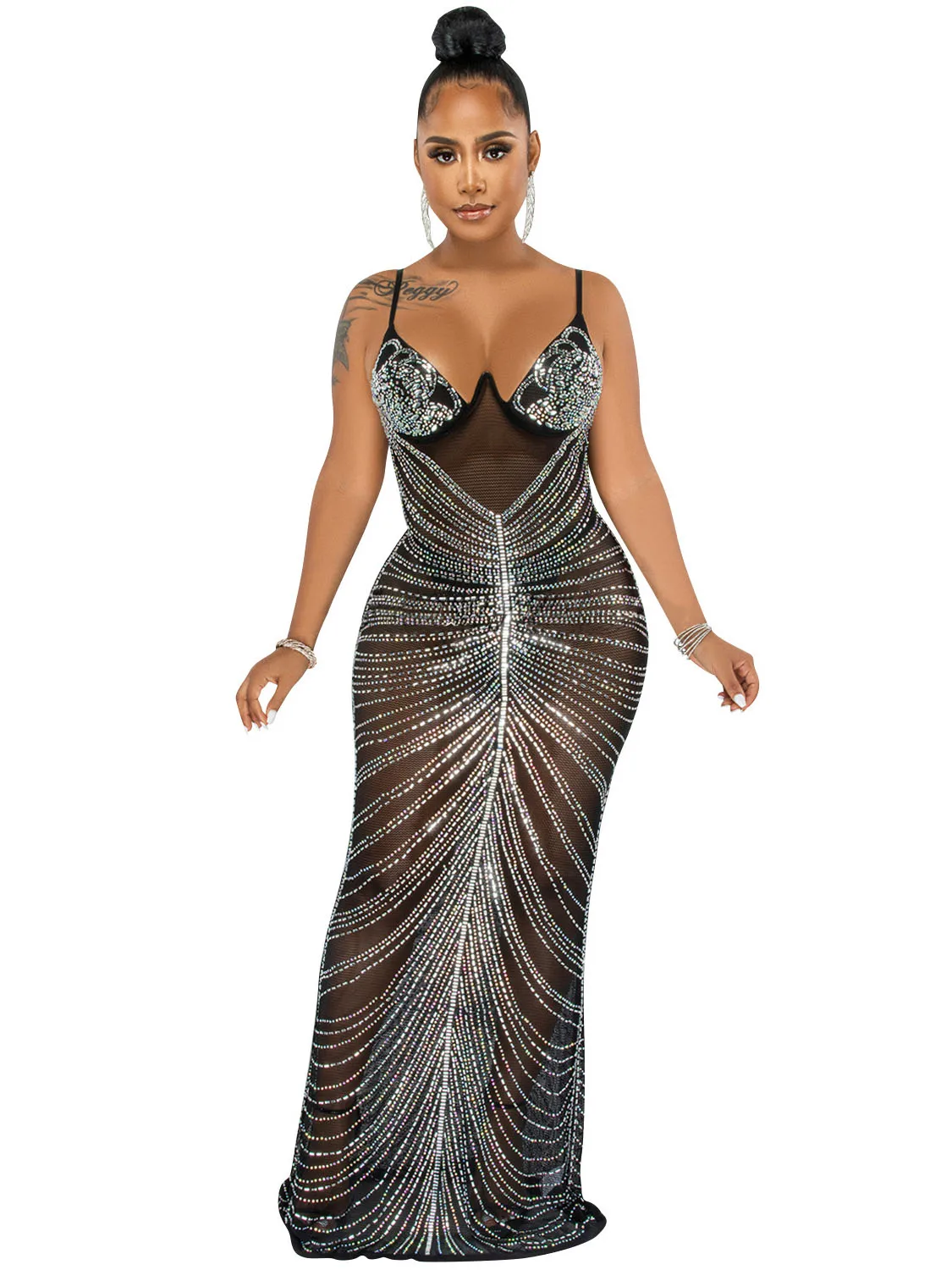 

Szkzk Mesh Rhinestone Bodycon Prom Maxi Dress Long Luxury Women Night Club See Through Evening Gowns Party Sexy Diamond Dresses