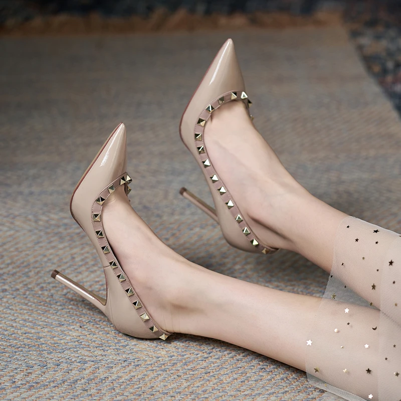 Luxury Brand Leather High Heels Classic Women's Gladiator Stiletto Shoes Summer Leather Roman Fashion Metal Rivet Women's Pumps