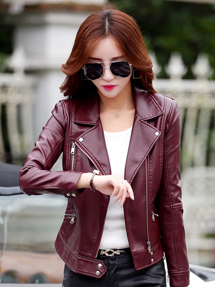 New Women Leather Jacket Spring Autumn Fashion Chic Zipper Motorcycle Style Slim Coat Short Sheepskin Tops Outerwear Female