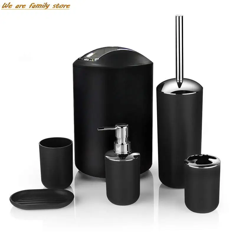 

6Pcs Bathroom Accessories Set Bath Ensemble Soap Dish Trash Can Toilet Brush Tumbler Cup Necessities Kit Bathroom Accessories
