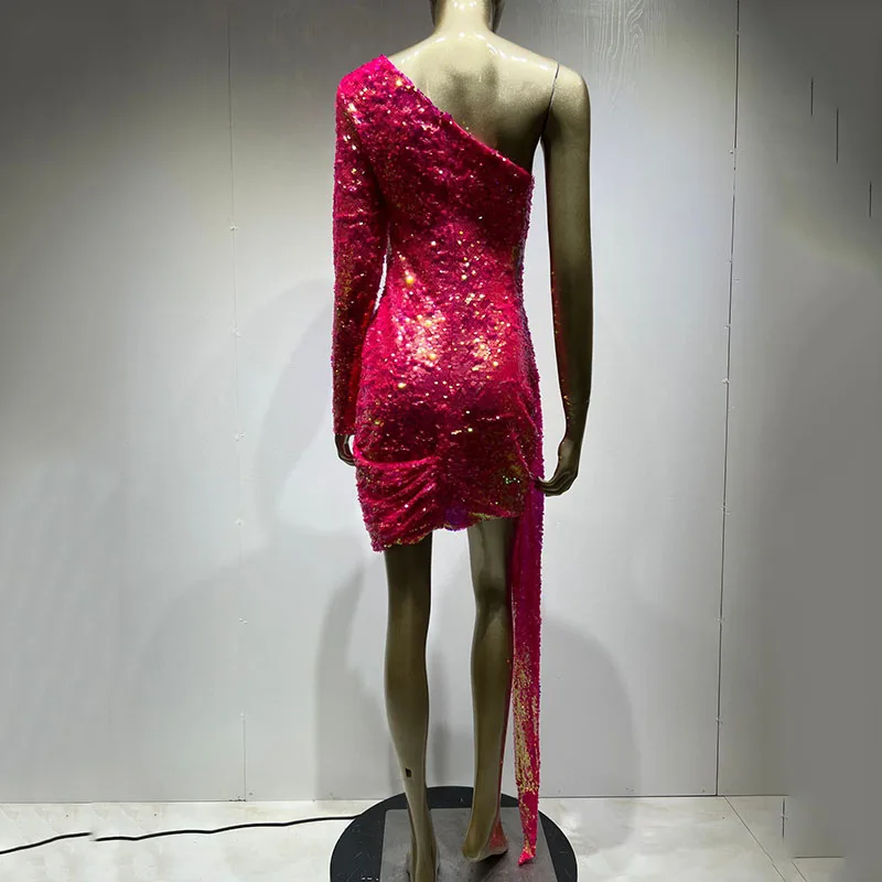 Women Green Pink Gold One Shoulder Sequin Pleated Long Sleeves Party Dress 2022 Summer Mini Dress Wholesale Dropship