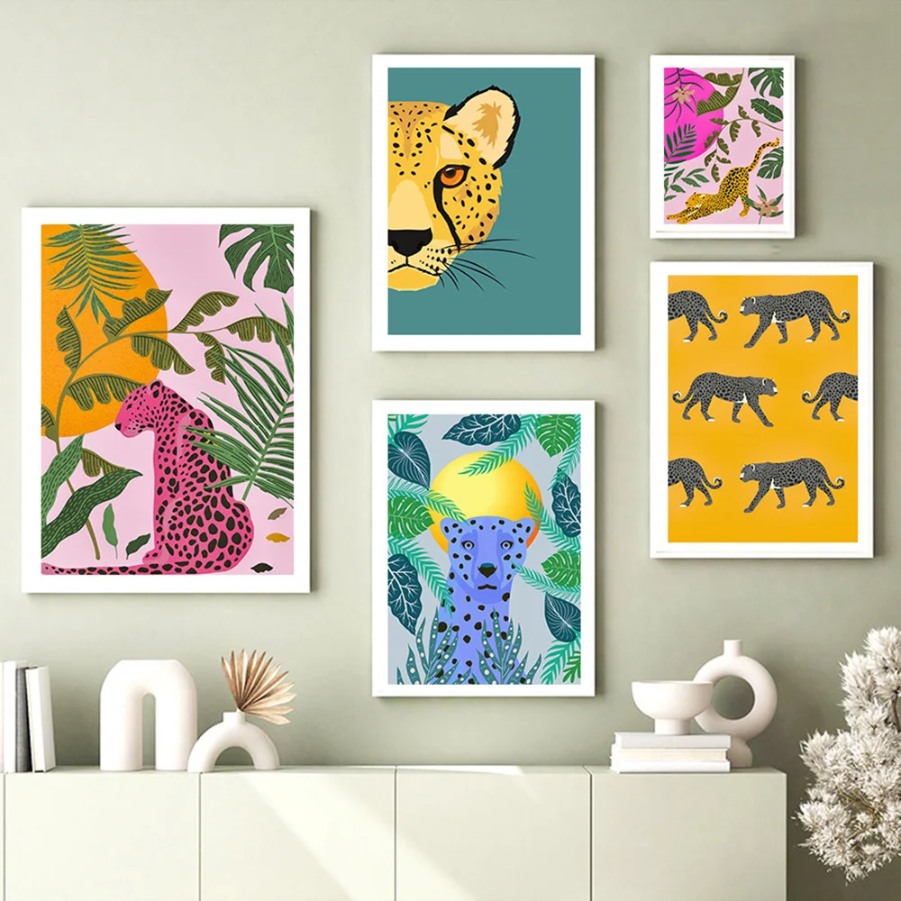 Настенная картина с изображением джунглей леопарда кота растений тропическая