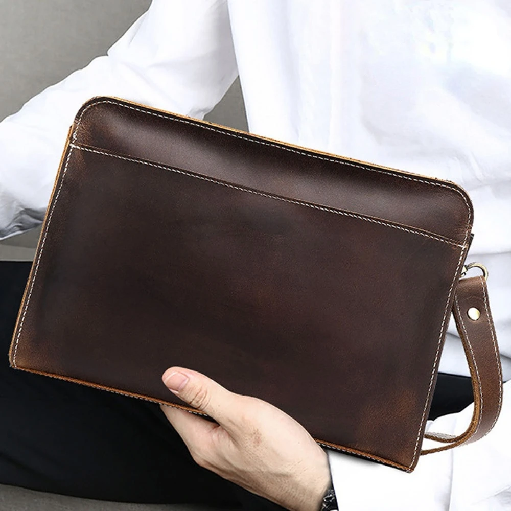 Genuine Leather Envelope Bag Retro Crazy Horse Cowhide Men's Handbag Clutch Bag