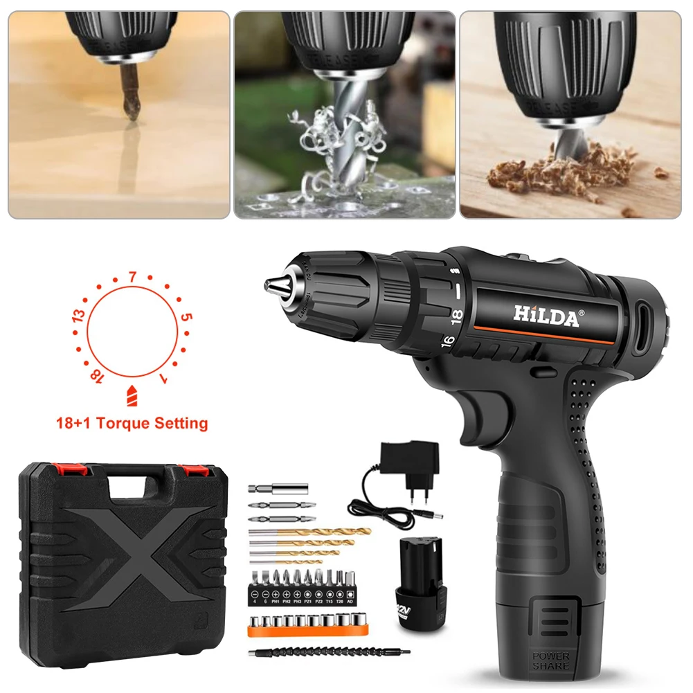 

12V Electric Cordless Drill Rechargeable Electric Power Drill Set US/EU Lithium Battery Variable Speed with Drill Bits