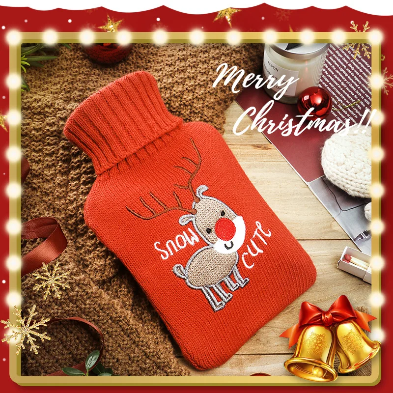 

Christmas Rubber Hot Water Bottle Warmer with Classic Soft Knitted Cover Hand Foot Warmer Xmas Gift