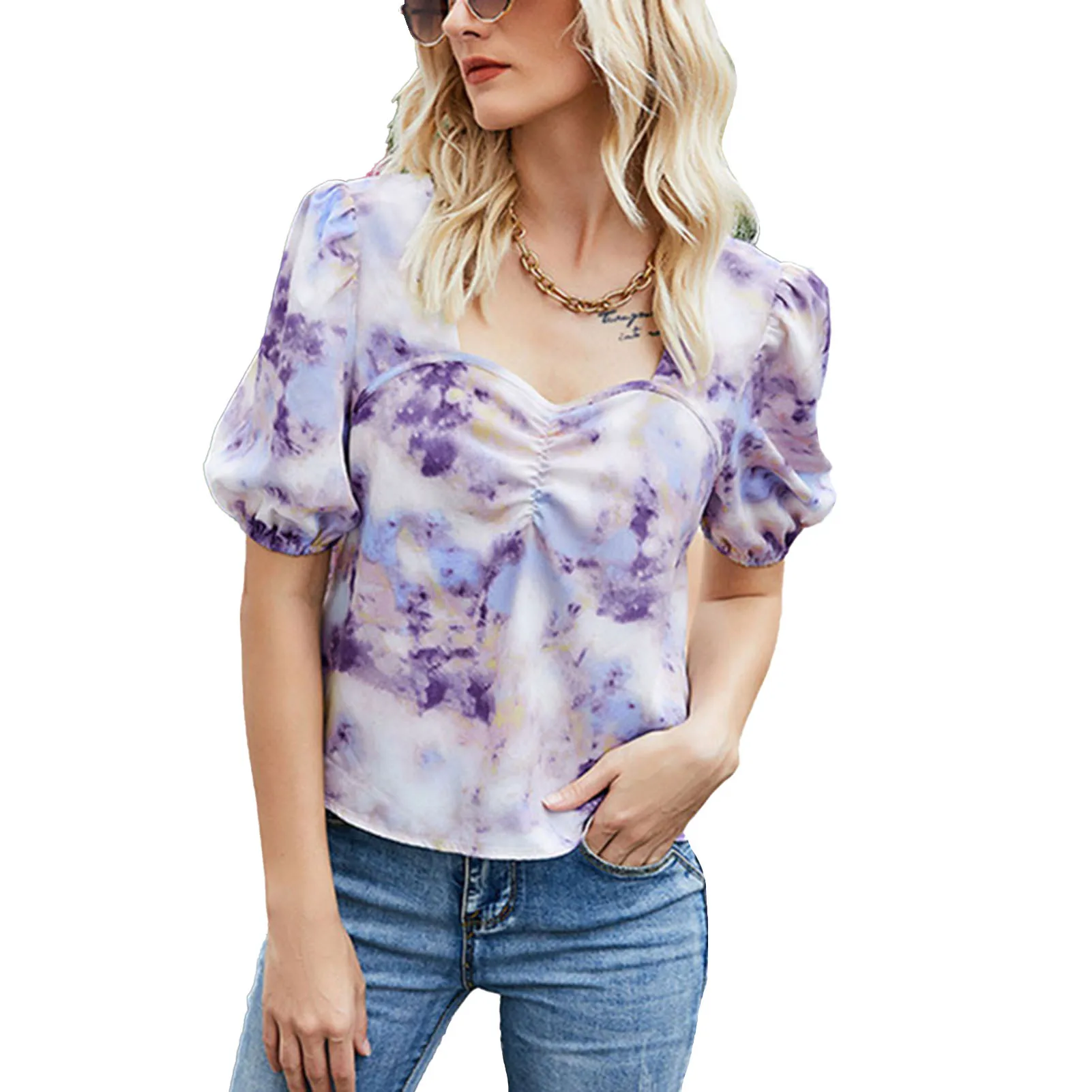 

2022 Fashion Summer Women Short Tops For Women Puff Sleeve Casual Printed T-shirts High Waist T-shirts Puff Sleeve Printed Tops