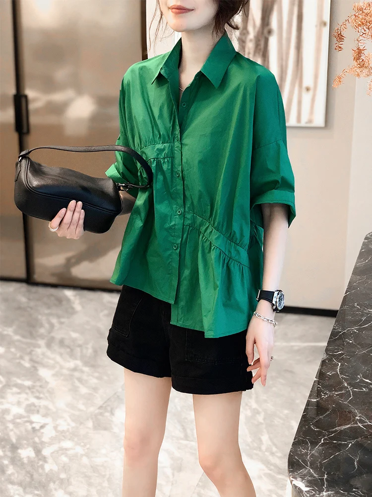 

SuperAen Green Half Sleeve Turn Down Collar Loose All Match Shirt New Summer 2022 Womens Tops
