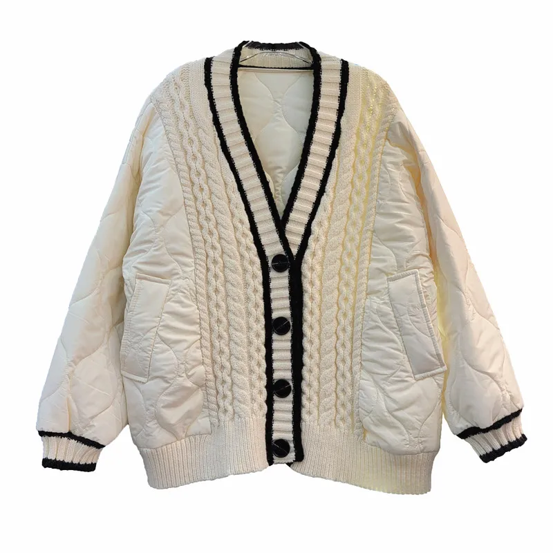 Blue Patchwork Cardigan Coat for Women 2022 Autumn and Winter Loose Idle Style Thickened Knitting Parka Outwears Blue Apricot