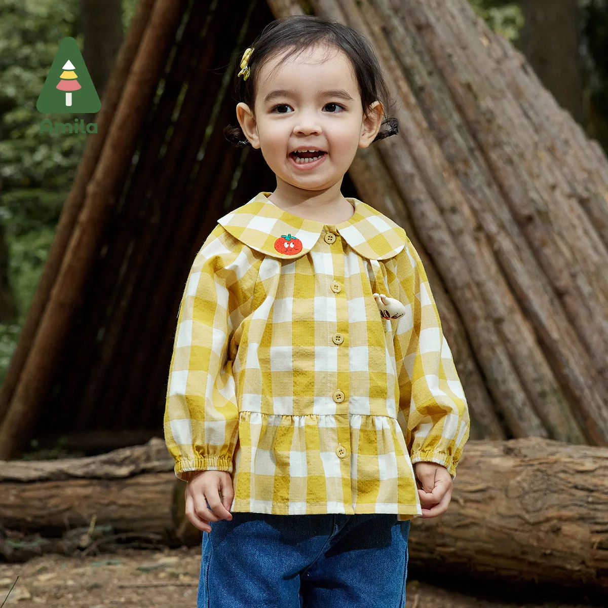 

Amila Baby Girl 2023 Autumn New Classic Plaid Shirt With Doll Collar Rabbit Decoration Warm Bishop Sleeve Printing Children