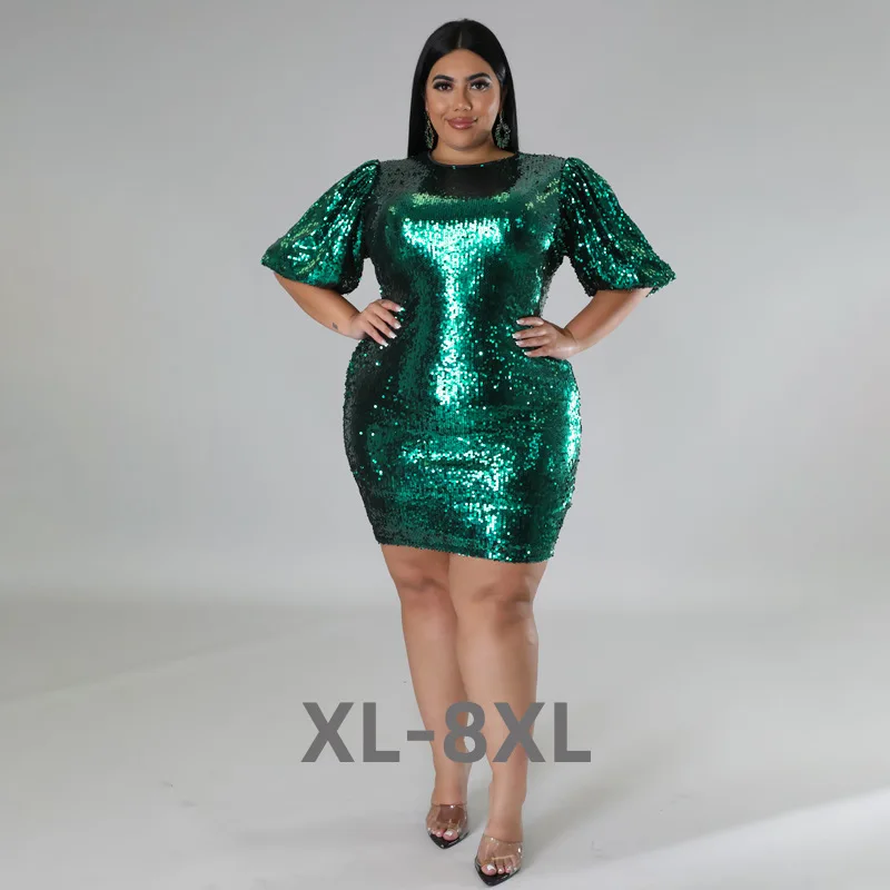 

Plus Size Women Party Dress Sequin Club Evening Dress Fall Elegant Robe Female Luxury Designer Skirts 3xl 4xl 5xl 6xl