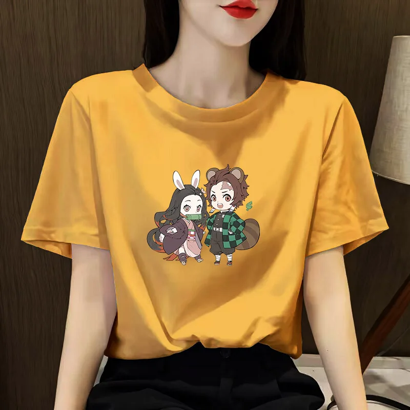 

Popular Anime Demon Slayer Printed Women T shirts Fashion Summer Cartoon Tees 100% Cotton Tops y2k Tees For Women Kawaii Clothes