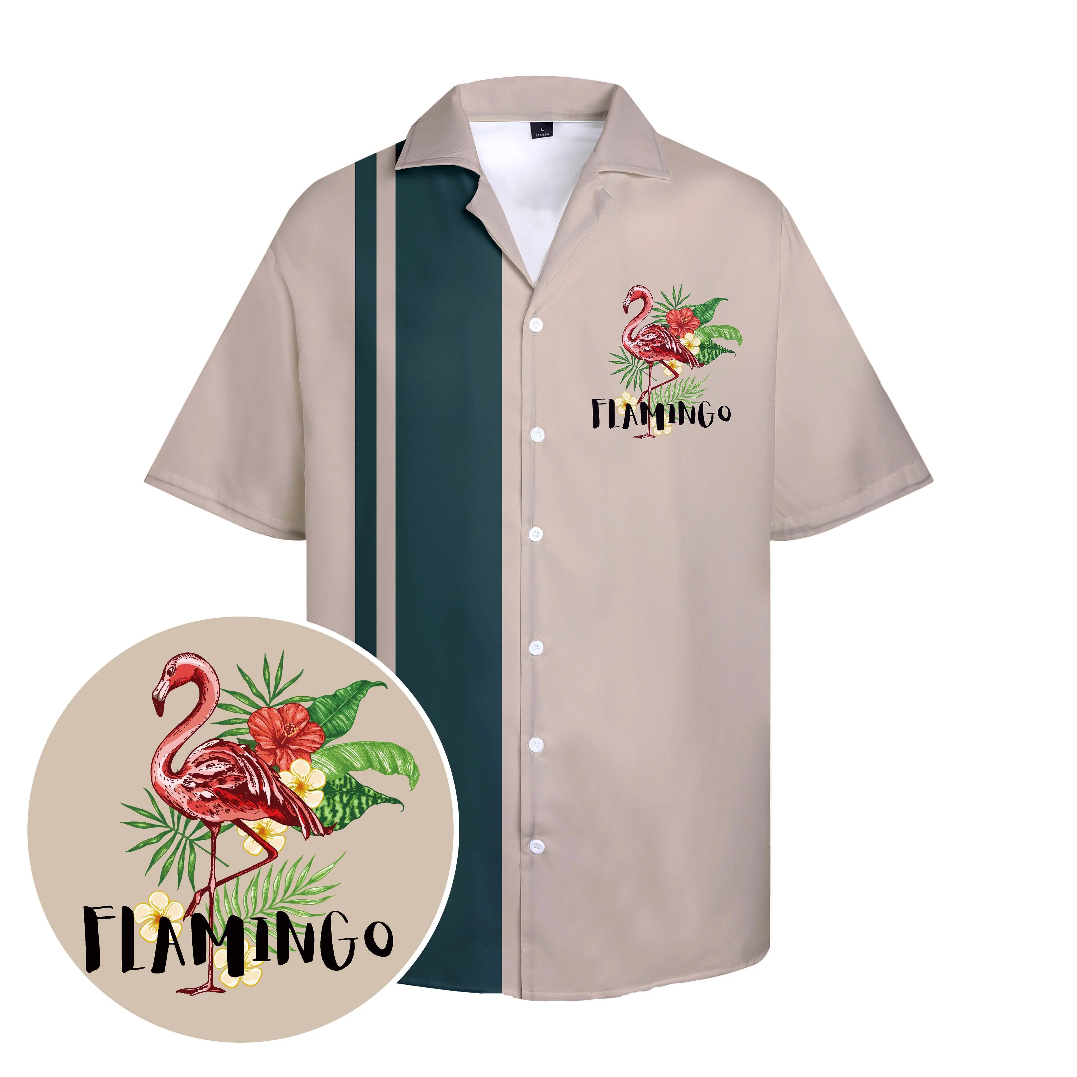 

New Hawaiian Men's Shirts Flamingo Logo Green Stripes Printed Tops Cool Painting Retro Color Summer Casual Shirt Vacation