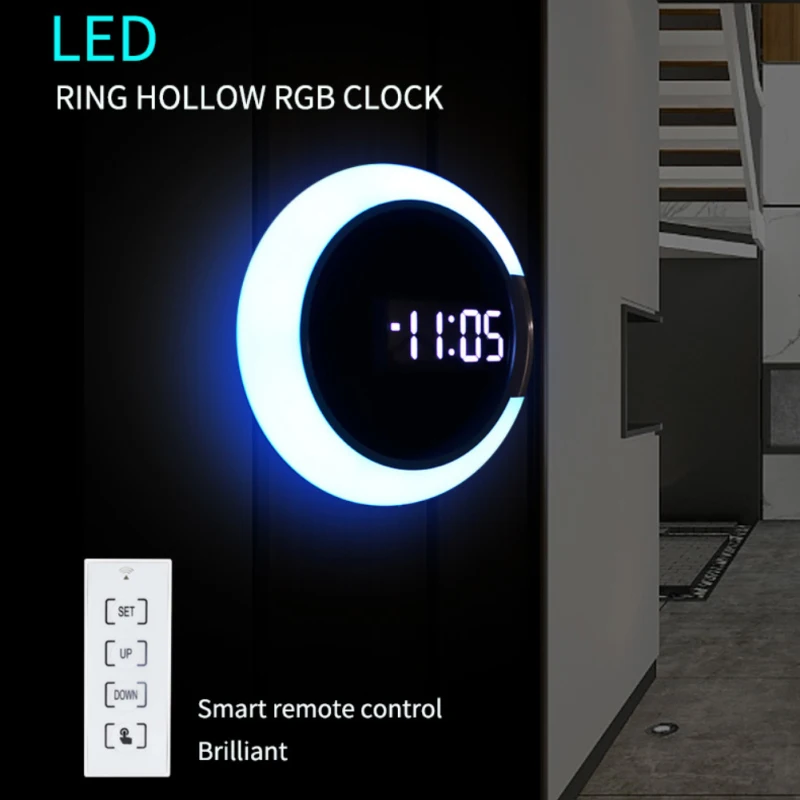 

Светодиодный настенный светильник с цифровыми часами, зеркальные пустотелые часы с будильником, атмосферный ночник для дома, гостиной, светильник щение