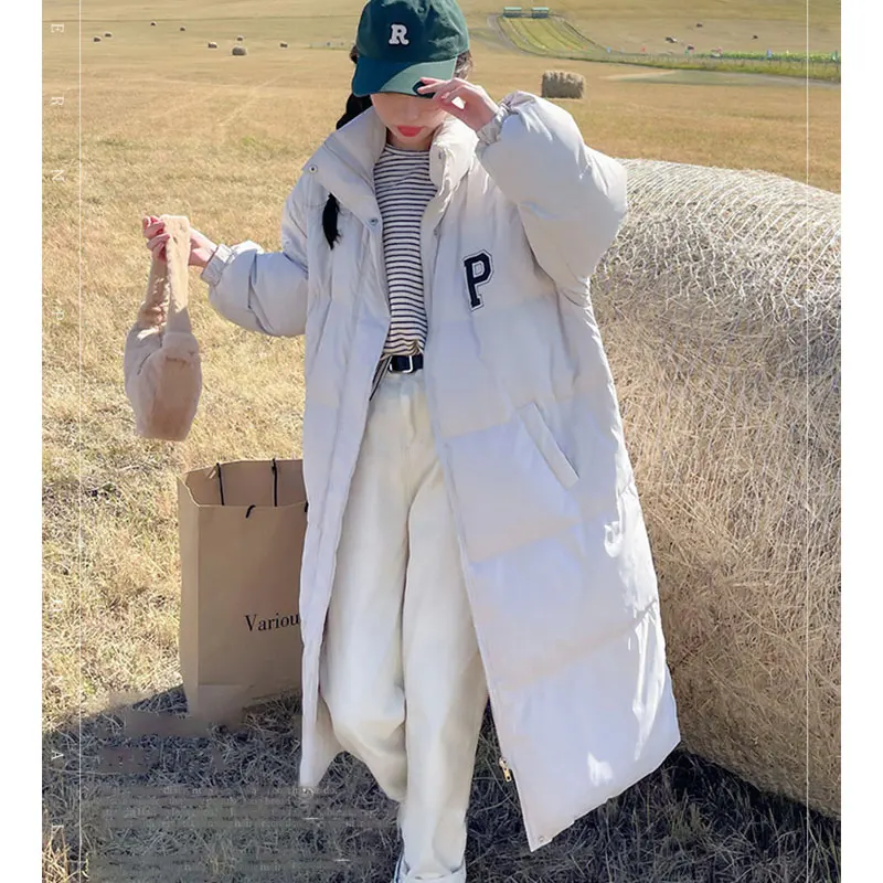 Long Winter Coat Women Fall 2022 Stand Collar Oversized Korean Fashion Letter Jackets Loose Streetwear Thicken Warm Parkas Chic