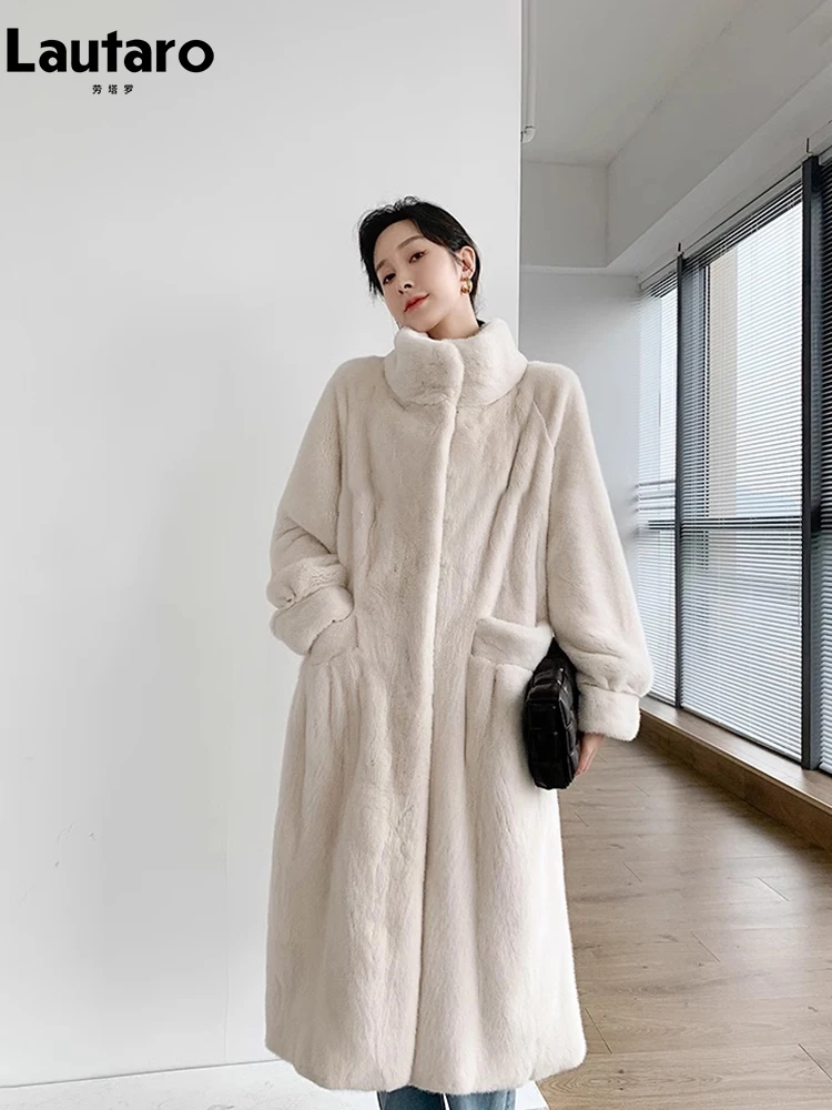 

Lautaro Autumn Winter Luxury Long Thick Warm Soft Fluffy Faux Mink Fur Coat Women Stand Collar High Quality Furry Overcoat 2023