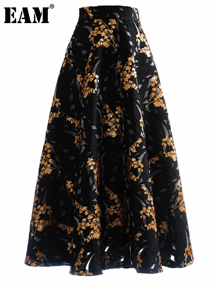 

[EAM] High Waist Black Jacquard Embroidery Long Zipper Half-body Skirt Women Fashion Tide New Spring Autumn 2023 1DD6411