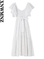 xnwmnz new summer woman cotton cutwork embroidery midi dress women vintage v neck short ruffled sleeves casual tied belt dresses