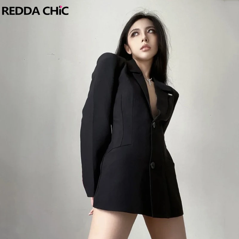 

Однотонный женский черный костюм ReddaChic, однобортная куртка бойфренда оверсайз с отложным воротником и мягкими плечами, пальто, профессиональная офисная верхняя одежда