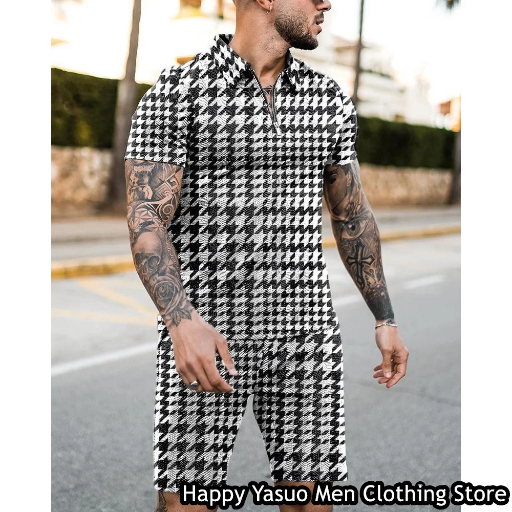 New IN Summer Men Luxury Polo Shirt Set 2 Pieces Casual Tracksuit Fashion Outfit Male Suit 3D Vintage Plaid Printed Clothing