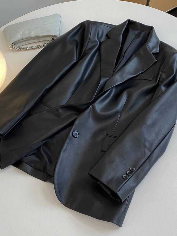 Vintage PU Leather Silhouette Blazer Loose Casual Wide-shoulder Top Women's Spring and Autumn New Style Blazers for Women