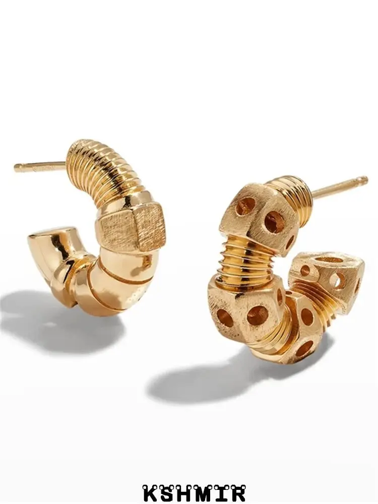 

New vintage stud stitching asymmetrical earrings with female minimalist metal temperament irregular screw stud