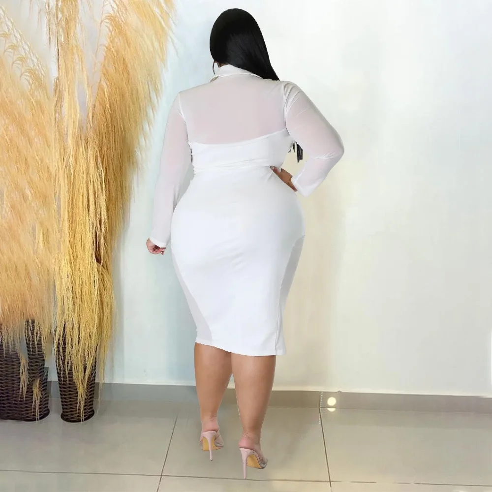 4XL 5XL Plus Size Dresses for Women Full Sleeve Zipper Closure Turn Down Collar Bodycon Fashion Evening Party Dinner Vestidos