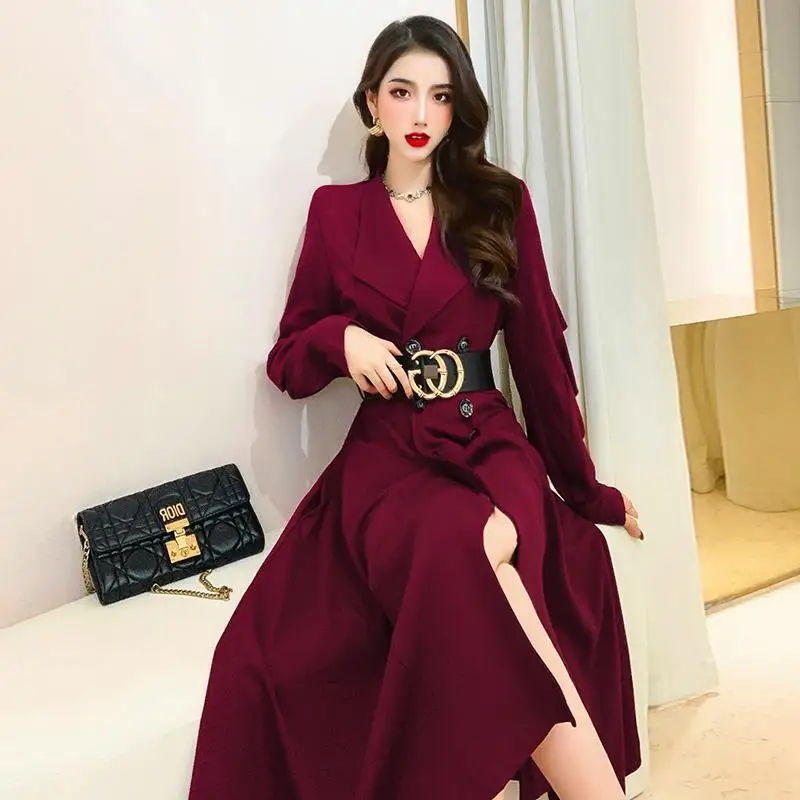 

2022 New Spring Autumn Fashion Women Dress Korean Elegant Style Casual Long Sleeve V Neck Dress with Belt Ladies Dresses R52