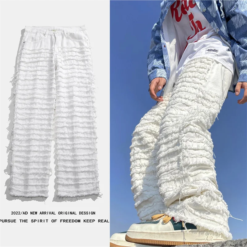 

Straight Style Street 2023 Jeans Loose Ripped Heavy Pants Flared Skateboard Hip-hop Spring Industry Men's American Vibe White