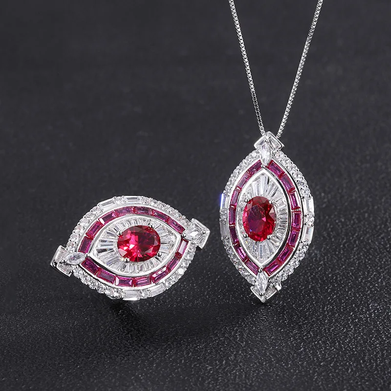 

Red Steel Jade 925 Sterling Silver Main Stone 8*10mm Pendant Ring Angel Eyes Necklace Set Women Fairycore Wedding Birthday Gift