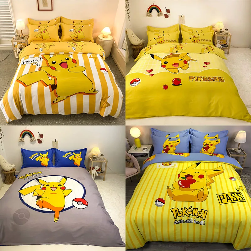 

Kawaii Pokmon Cotton Bed Bag Cartoon Cute Single Double Four-Piece Children's Bed Cotton Three-Piece Daily Household