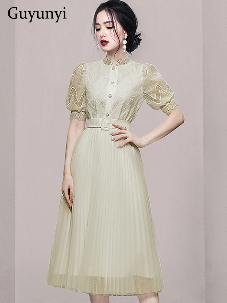 

Elegant Party Dress 2022 Summer Lace Stand Collar Single Breasted Puff Sleeves High Waist With Belt Pleated Hem Women's Dresses